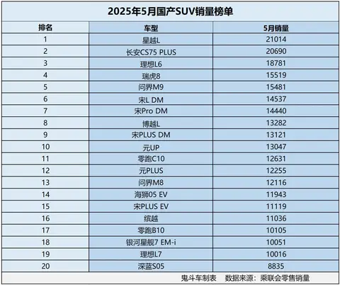 国产SUV市场变天了！5月销量榜单出炉 19款销量过万 理想L6进前三