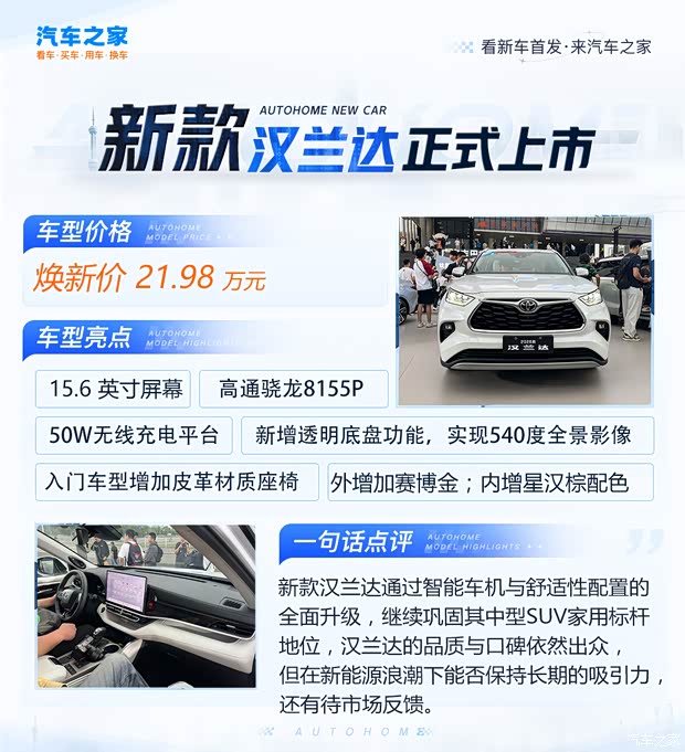 新款广汽丰田汉兰达上市 售21.98万起 智能化全面升级